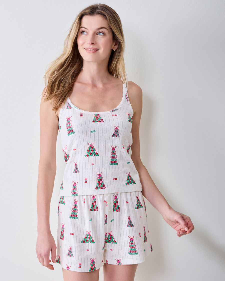 Front view of the buttercream Esme Set, featuring a sleeveless top and matching shorts with a colorful macaron tower print.