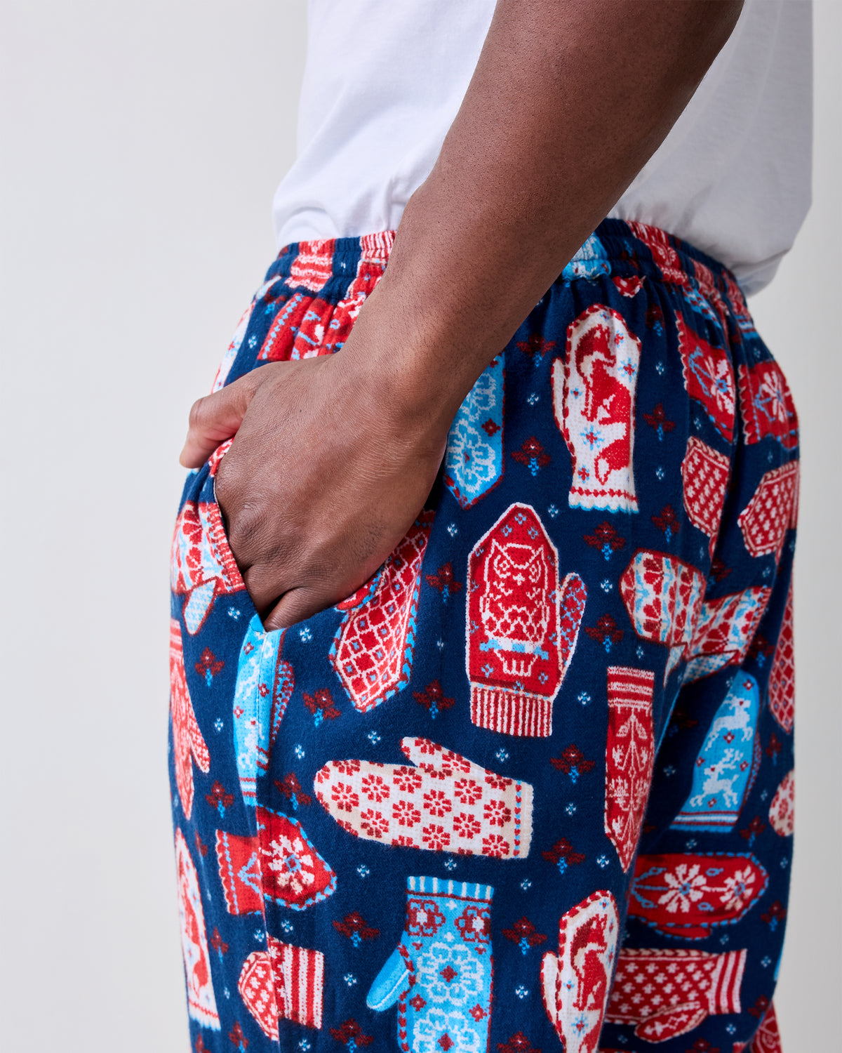 Close-up of the side pocket and mitten print on blue flannel men's pajama pants.