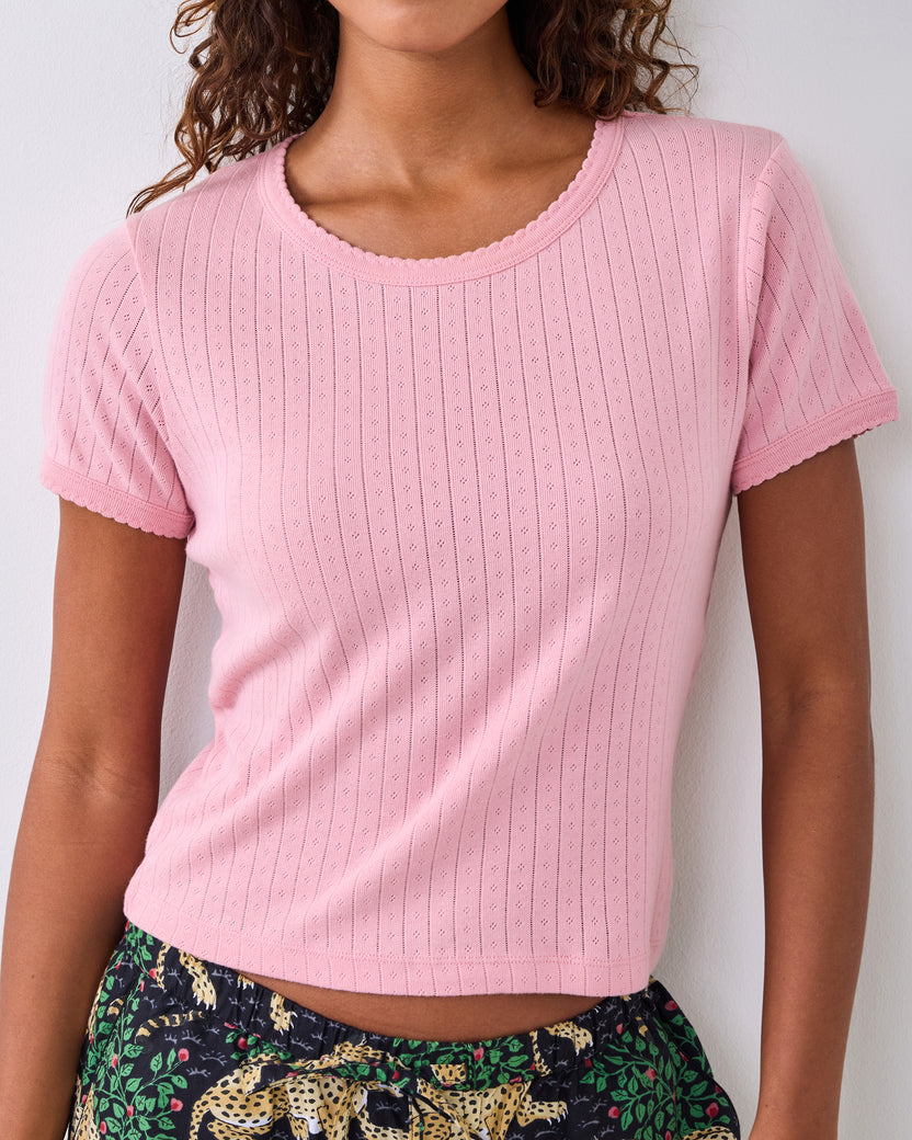 Pink Gemstone - Pointelle Short Sleeve Tee - Solid