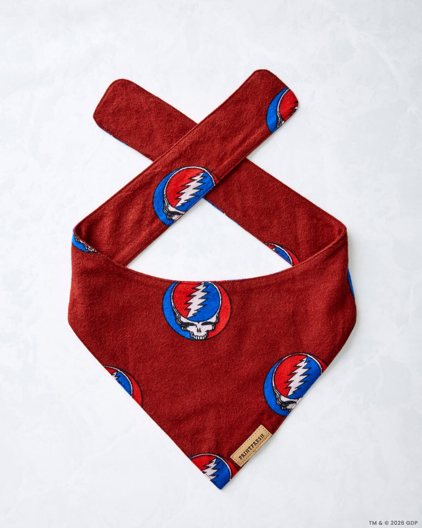 Single red pet bandana laid flat, showing its adjustable straps and repeated circular skull-and-lightning-bolt motifs.