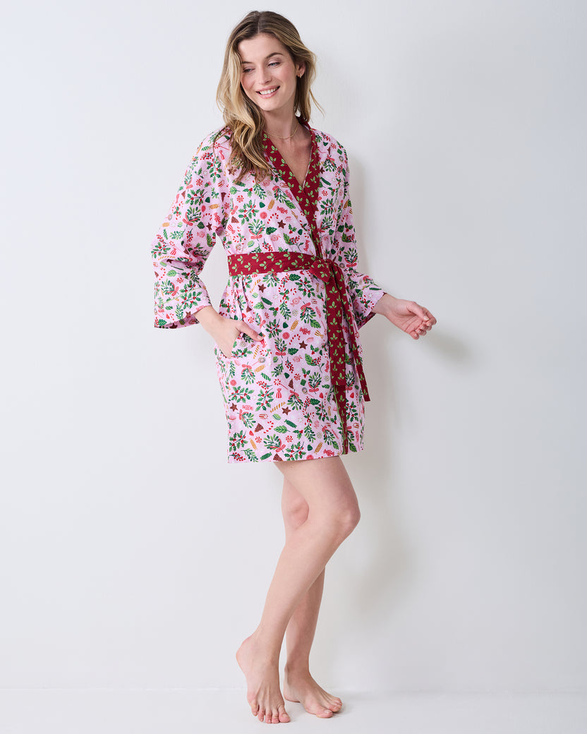 Full front view of the Sweet Tooth Getting Ready Robe in Candy Pink, showing the printed wrap silhouette, red belt, and side pockets.
