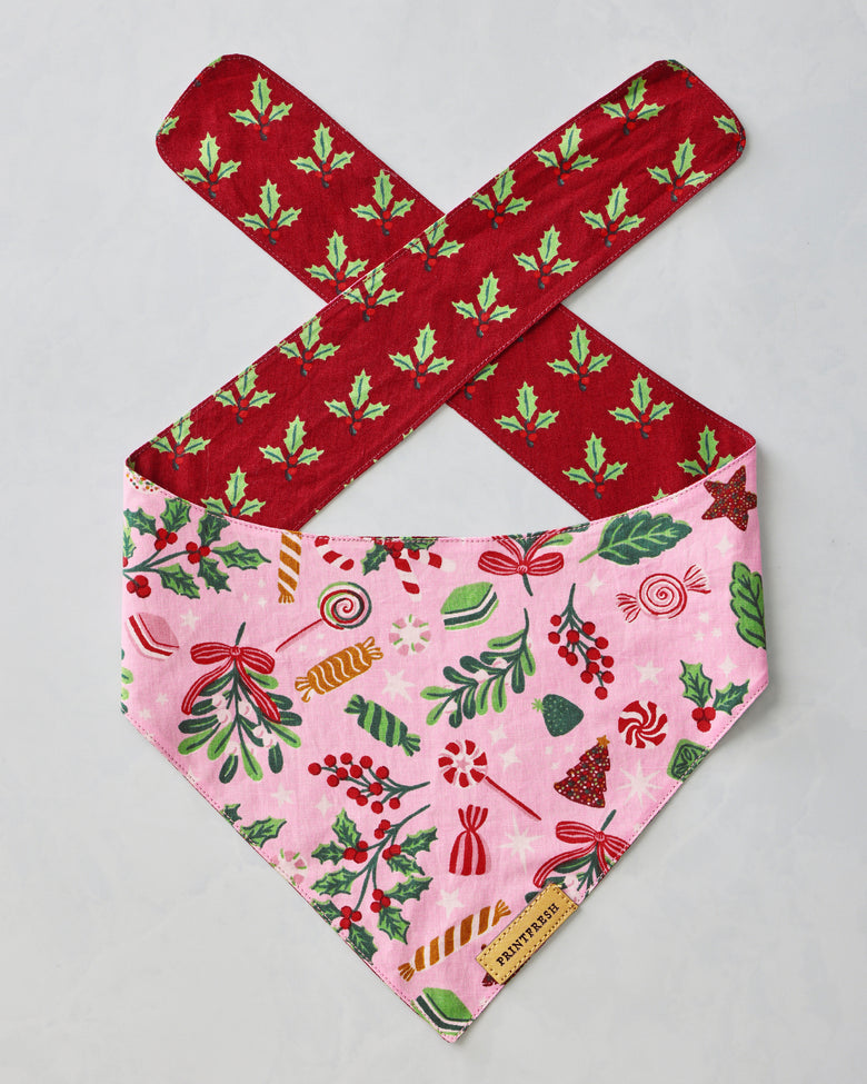 Pet bandana laid flat with a pink candy-patterned front and red patterned ties; a brand label is attached at the point.