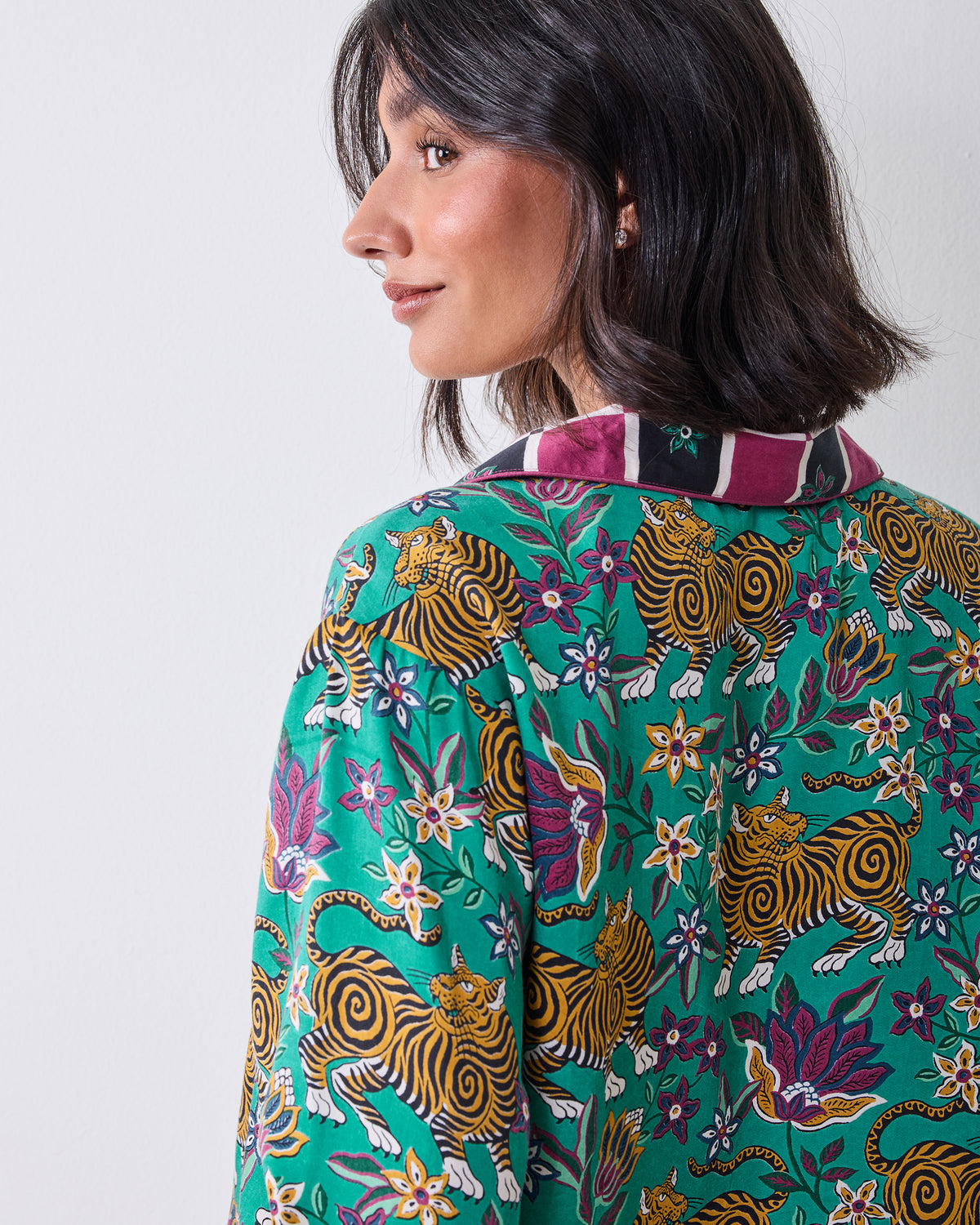 Side and back view of the Royal Teal Tibetan Tigress Eco Satin Soho Set, showing the tiger-and-floral print and collar.