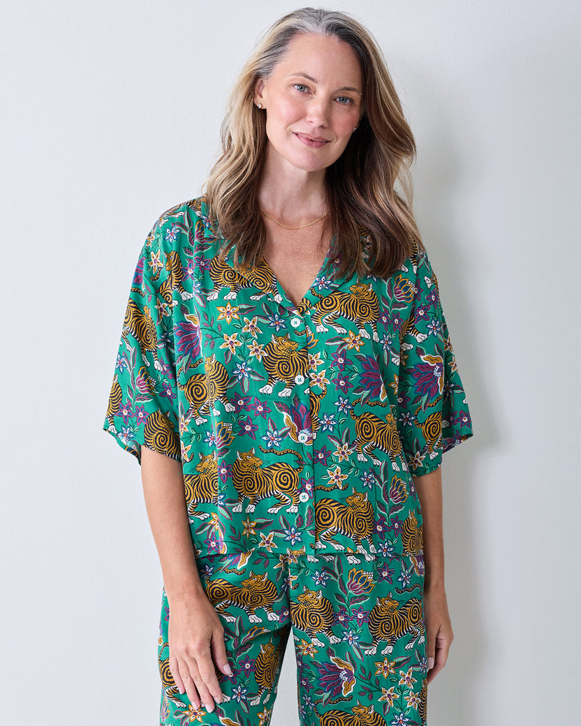 Front view of the Royal Teal Wildest Dreams shirt and pants set, showing the notched collar, button front, and tiger-and-floral print.