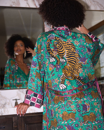 Back view of the Royal Teal Tibetan Tigress Eco Satin Robe, showing a large tiger motif and contrasting checkered cuffs.