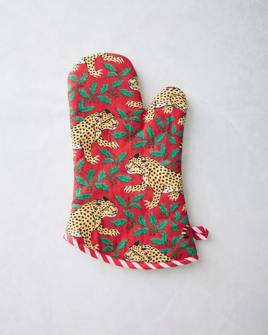 Ruby Winter Holly Bagheera oven mitt with a red holly-leaf print and leopard illustrations.