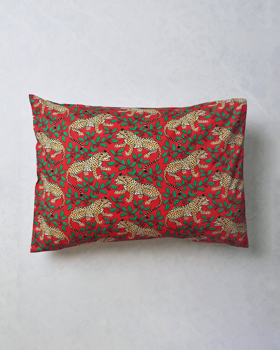 Single Winter Holly Bagheera patterned pillowcase shown flat against a light background.