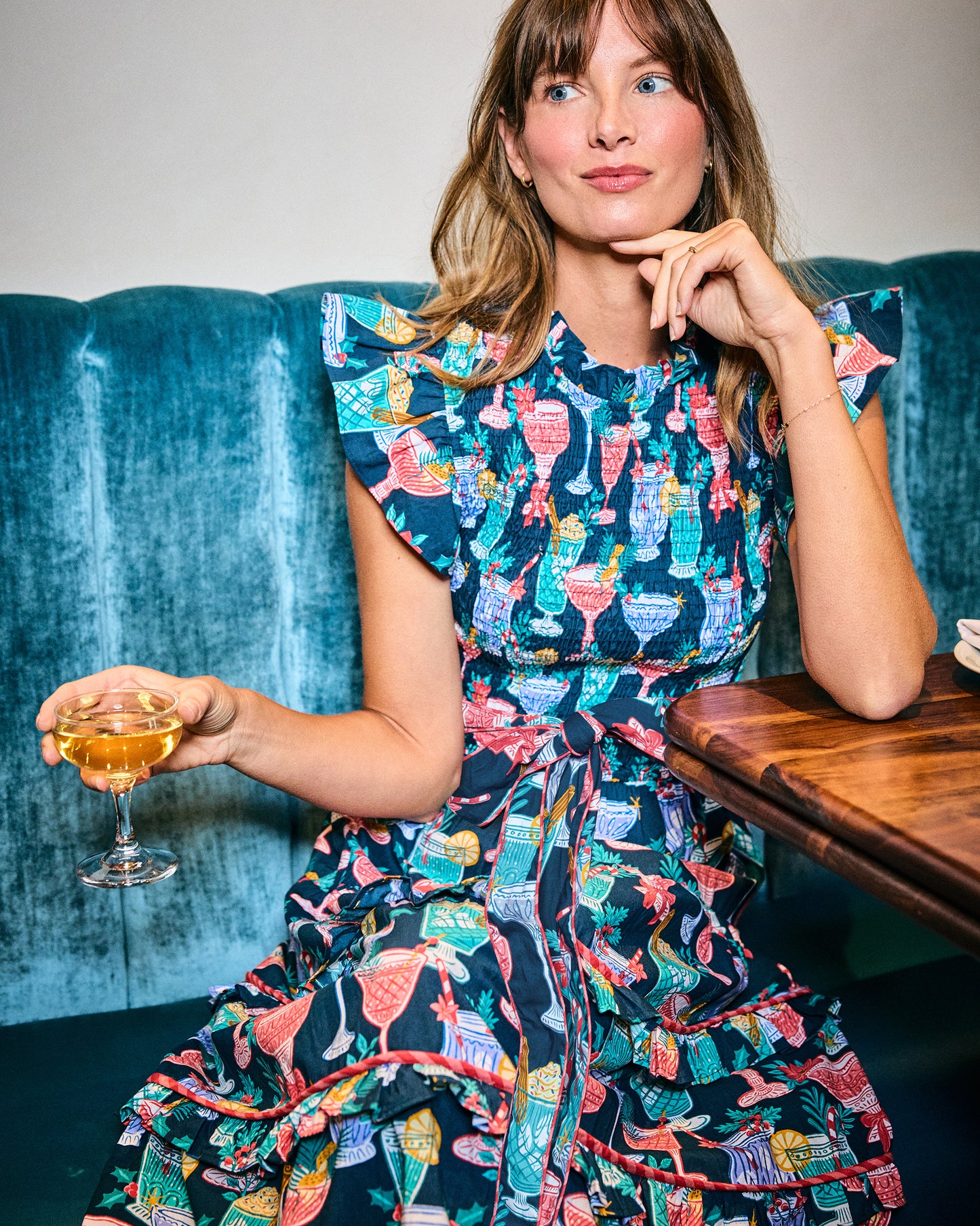 Christmas Cocktails - Ready to Ruffle Dress - Navy - Printfresh