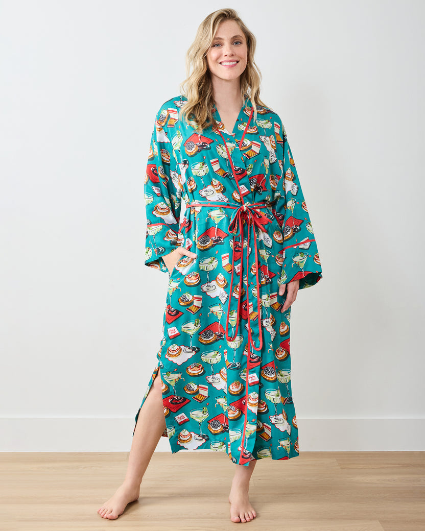 Blinis & Martinis - Eco Satin Robe - Mid Century Blue - Printfresh