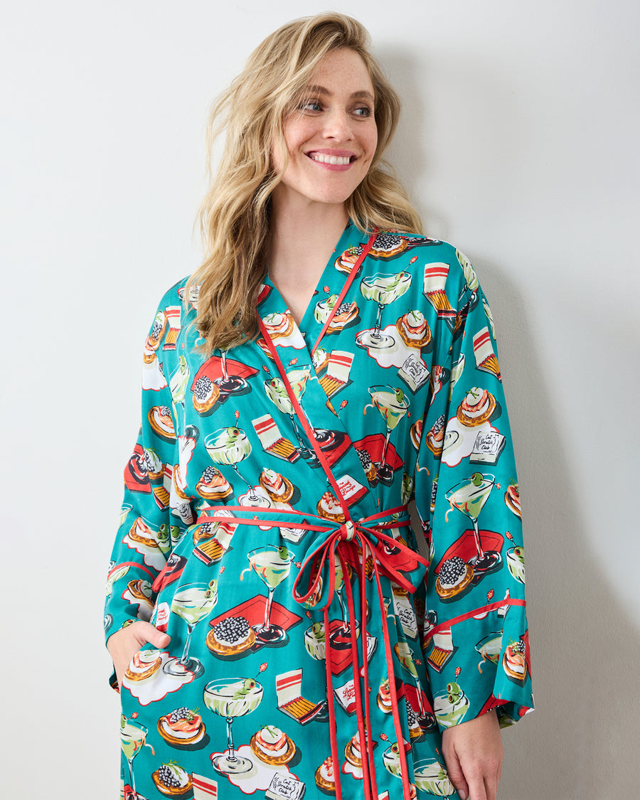 Blinis & Martinis - Eco Satin Robe - Mid Century Blue - Printfresh