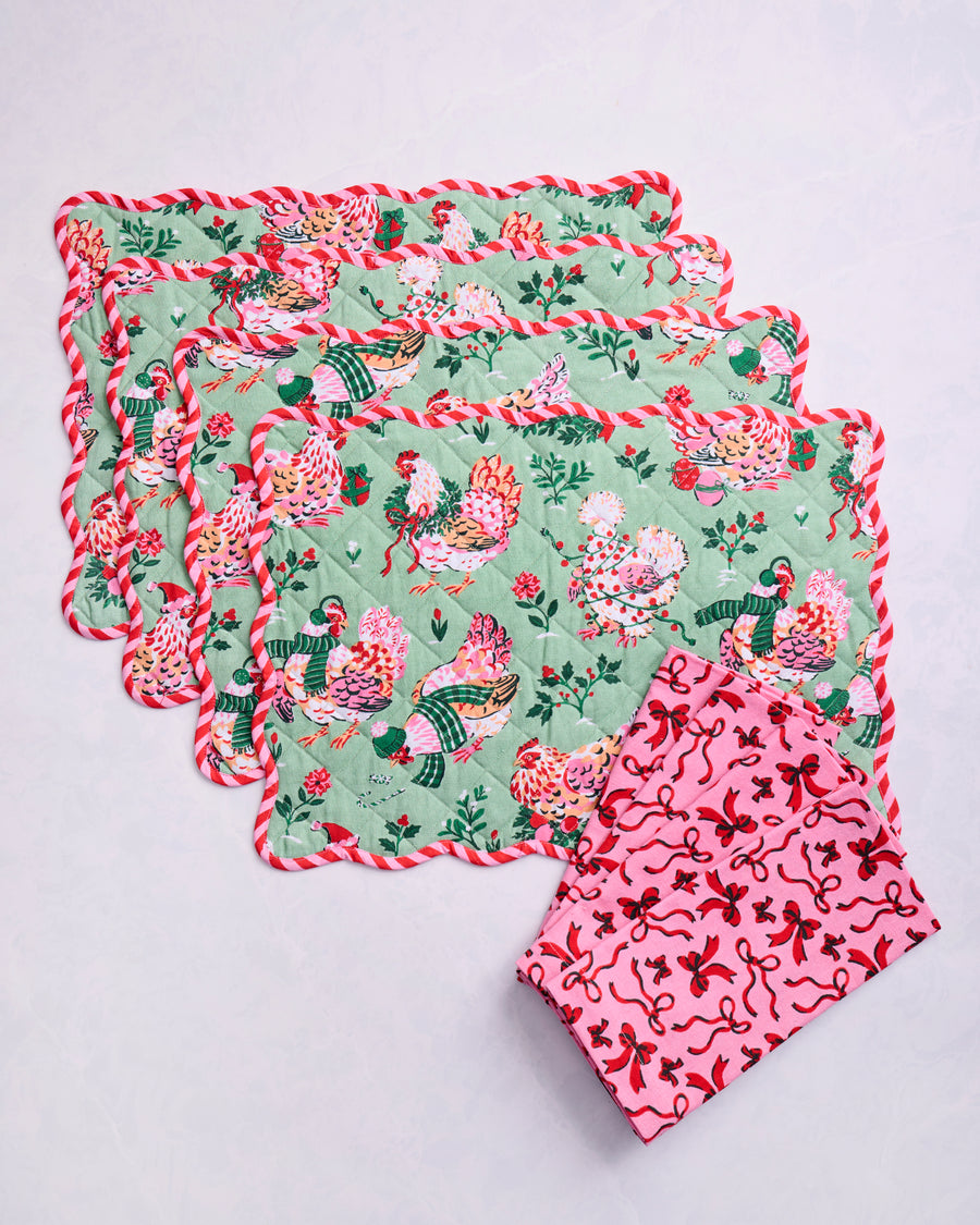 Holiday Hens & Red Ribbons - Set of 4 Placemats & Napkins Bundle - Multi - Printfresh