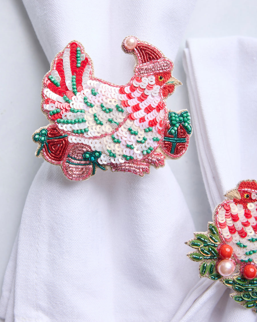 Holiday Hens/Bow - Napkin Ring Set Of 4 - Red Multi - Printfresh