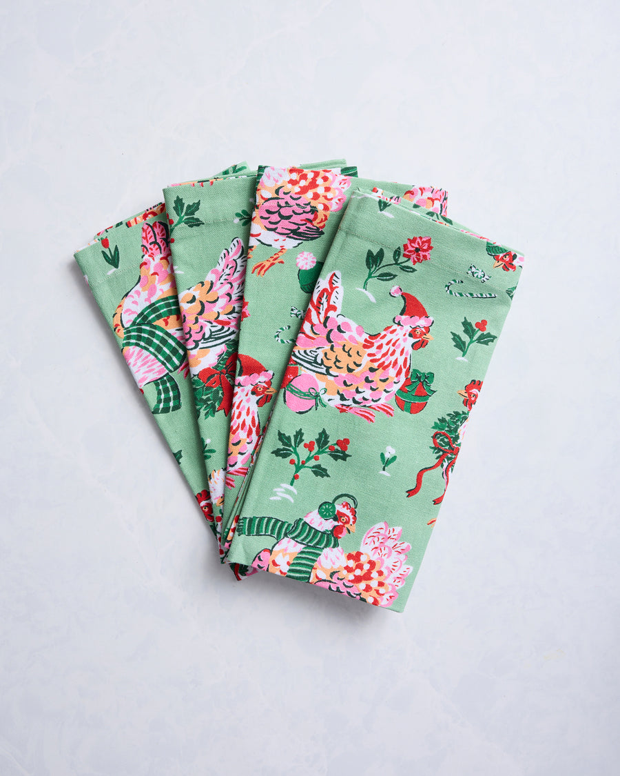 Holiday Hens - Dinner Napkins Set of 4 - Sage - Printfresh