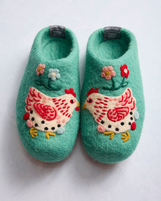 French Knot X PF - Holiday Hens Slipper - Sage - Printfresh