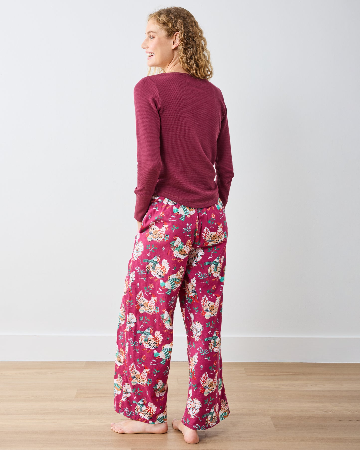 Holiday Hens - Lightweight Flannel Wide Leg PJ Pants - Burgundy - Printfresh