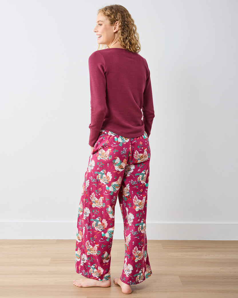 Holiday Hens - Lightweight Flannel Wide Leg PJ Pants - Burgundy - Printfresh
