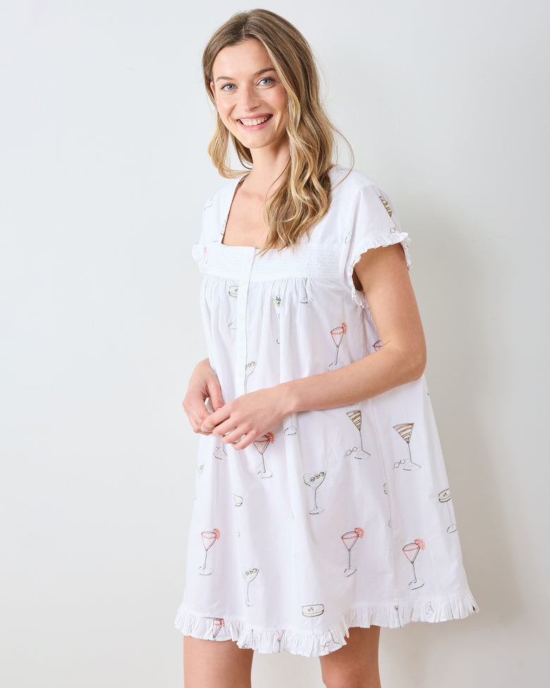 Martini Hour - Embroidered Pintuck Nightgown - Cloud - Printfresh