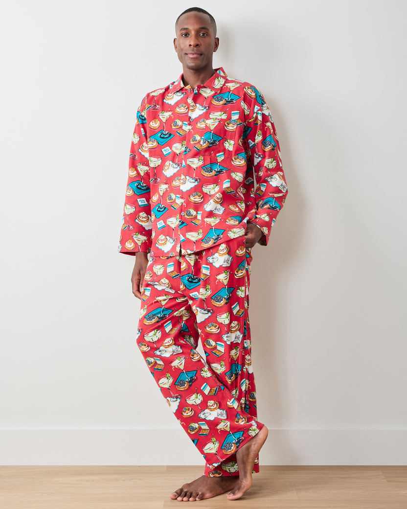 Blinis & Martinis - Men's Midweight Flannel Long PJ Set -  Matchbook Red - Printfresh