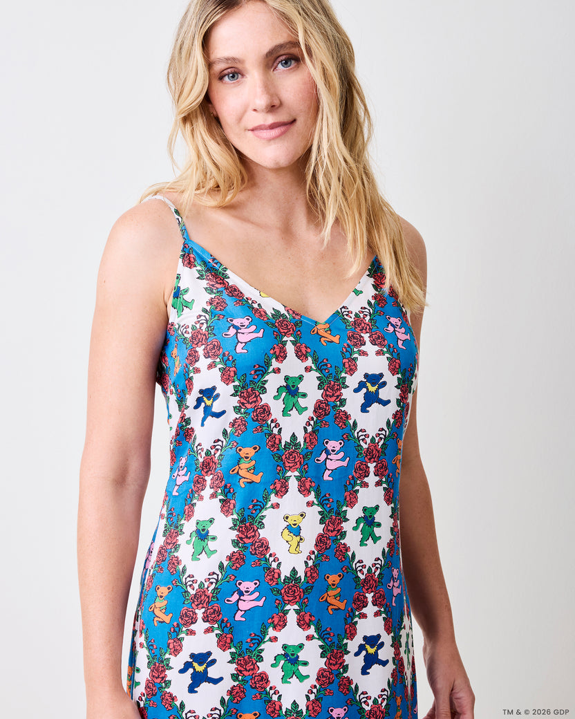 Front view of a sleeveless V-neck nightie with a blue-and-white bear-and-rose print.