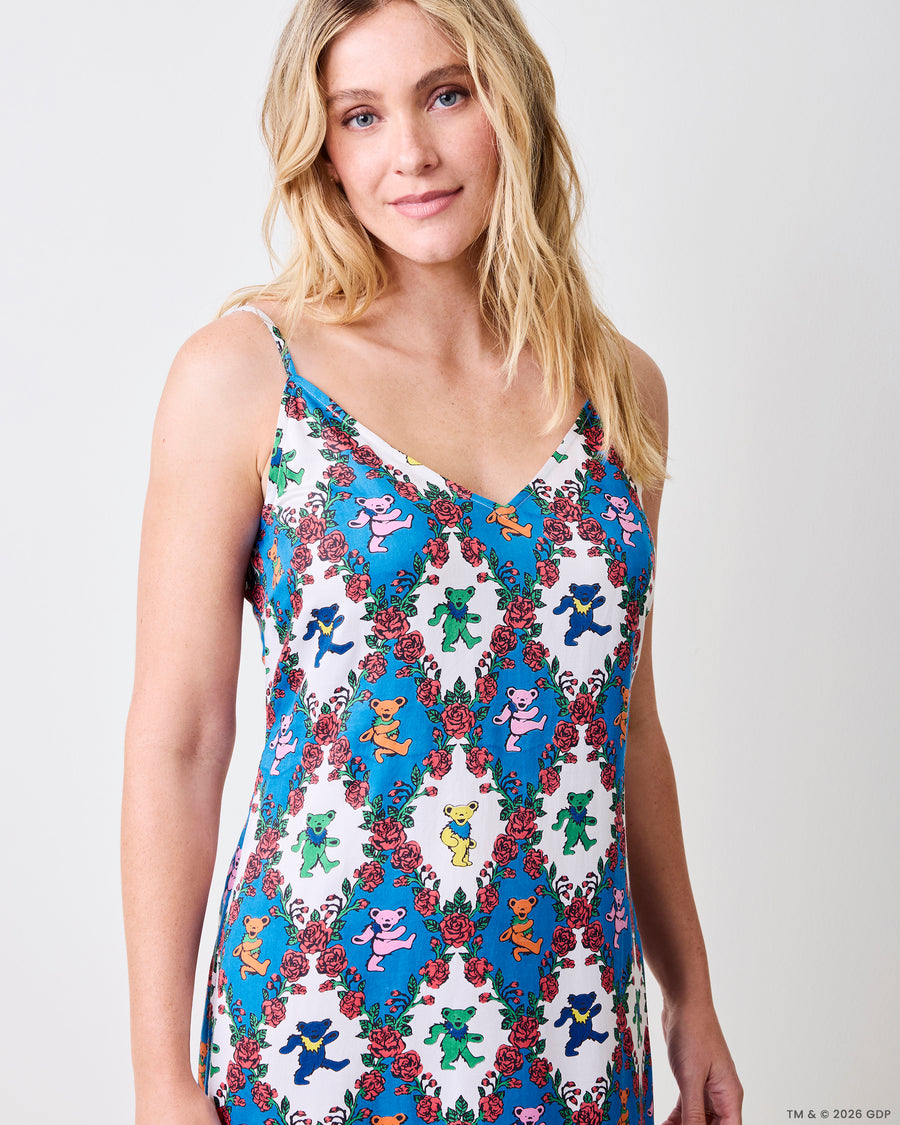 Front view of a sleeveless V-neck nightie with a blue-and-white bear-and-rose print.