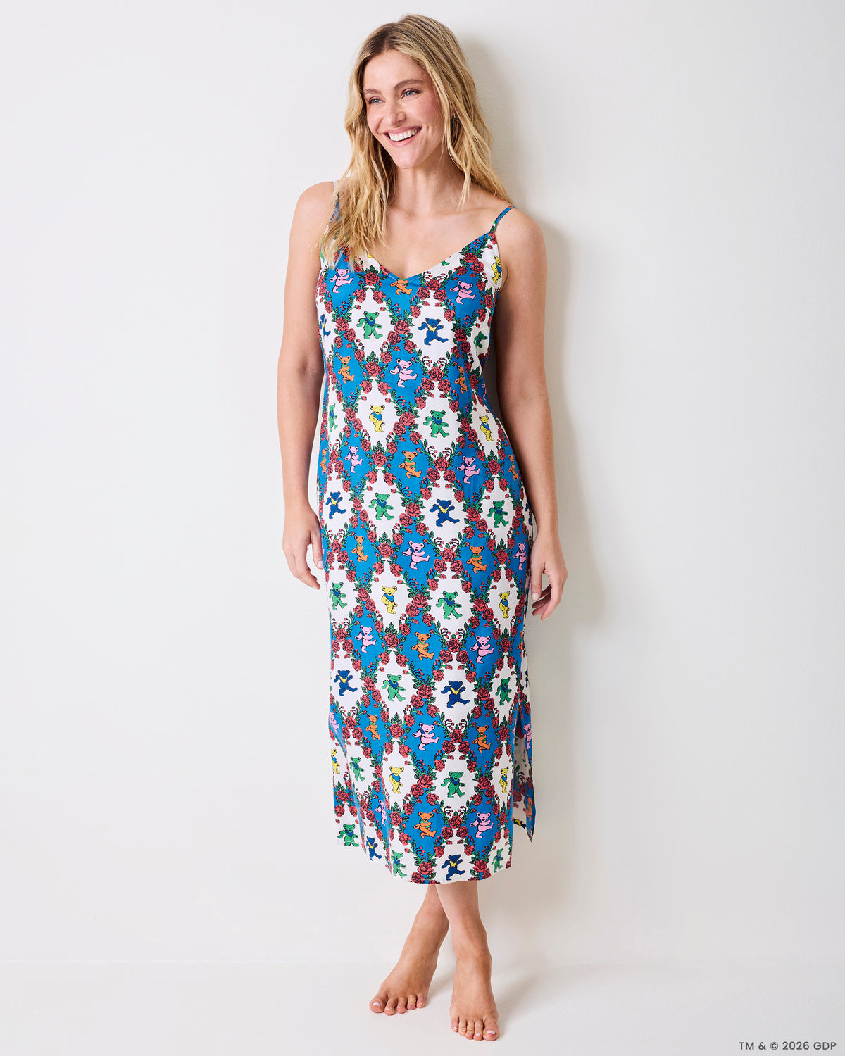 Front full-length view of the Wandering Rose Palo Alto nightie with thin straps, a V-neckline, and a side slit.