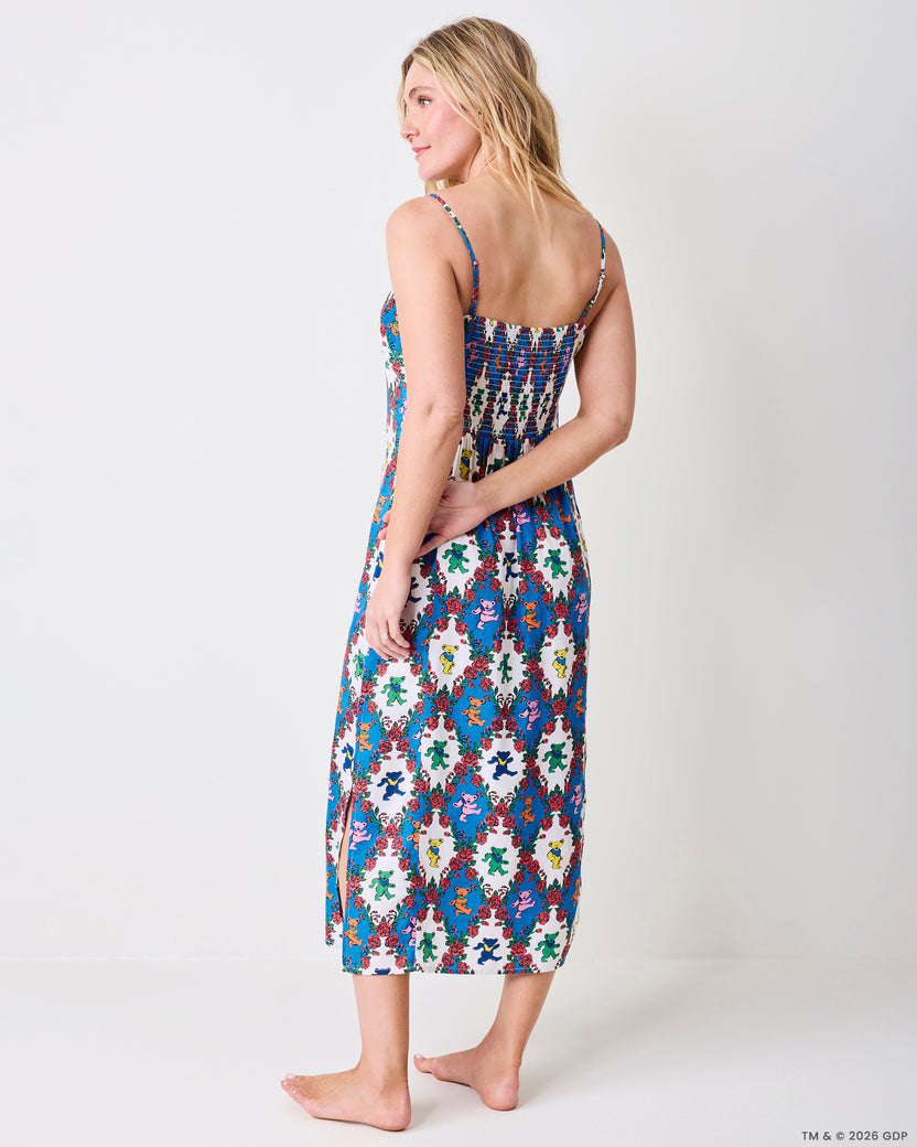 Back view of the Wandering Rose Palo Alto nightie showing thin straps, a fitted upper back, and a below-knee length.