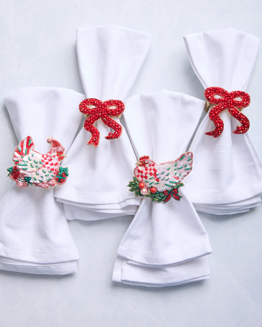 Holiday Hens/Bow - Napkin Ring Set Of 4 - Red Multi - Printfresh