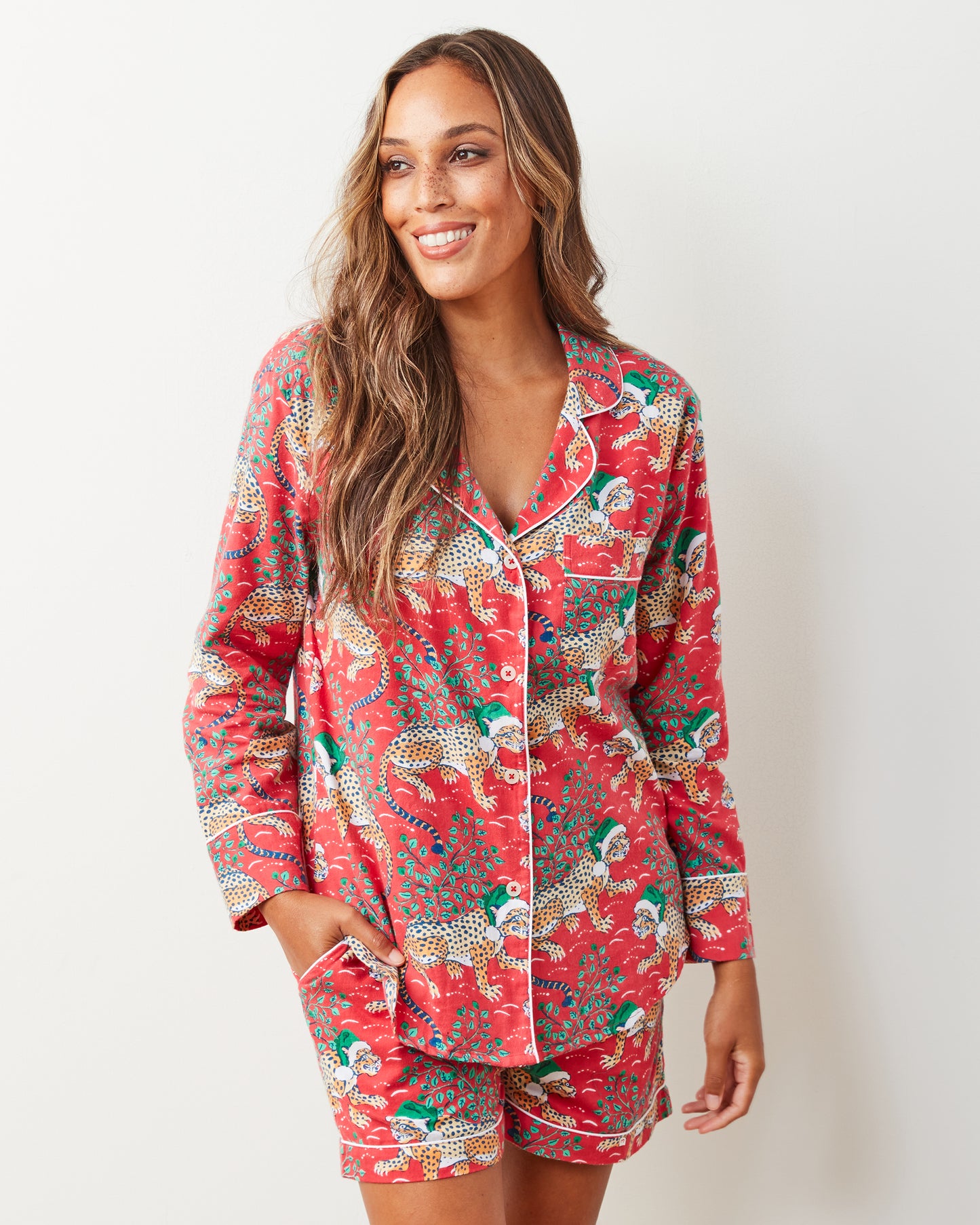 Holly Jolly Bagheera - Lightweight Flannel Long Sleeve Top & Shorts Set - Ruby - Printfresh