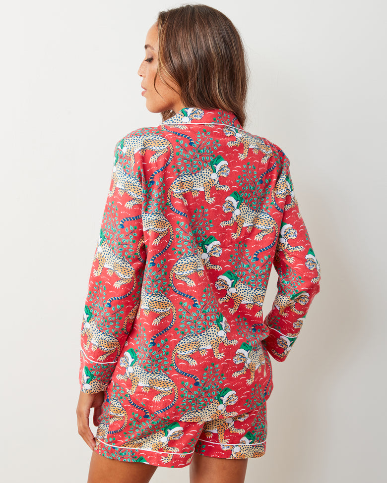 Holly Jolly Bagheera - Lightweight Flannel Long Sleeve Top & Shorts Set - Ruby - Printfresh