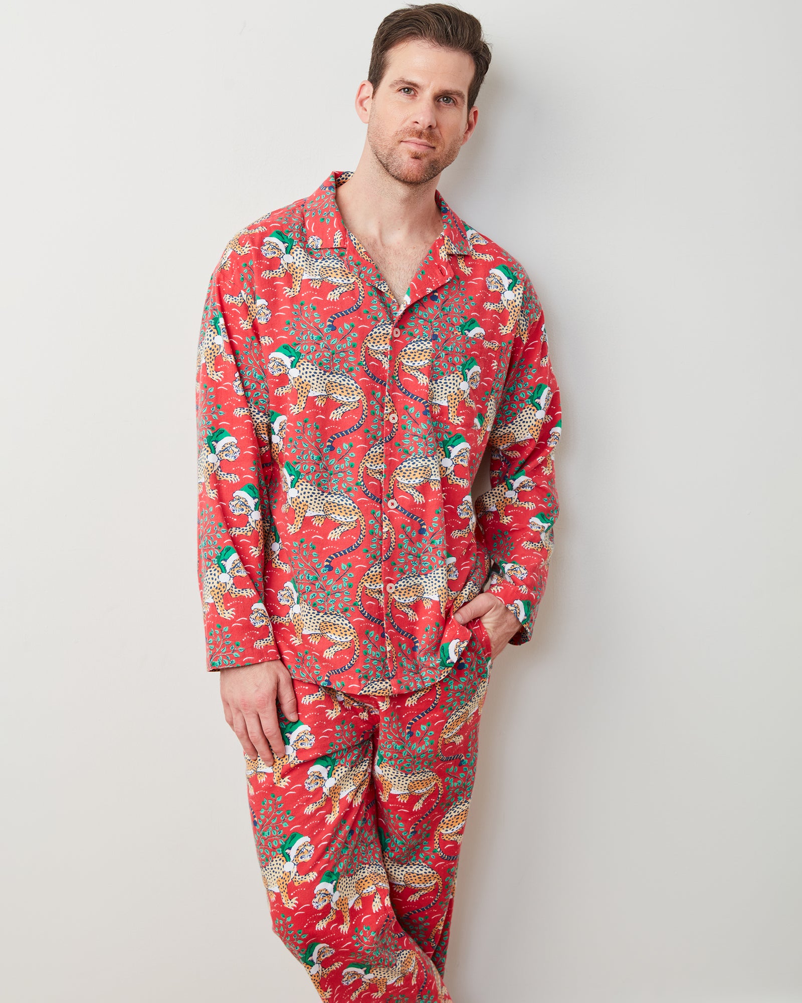 Holly Jolly Bagheera - Men's Flannel Long PJ Set - Ruby - Printfresh