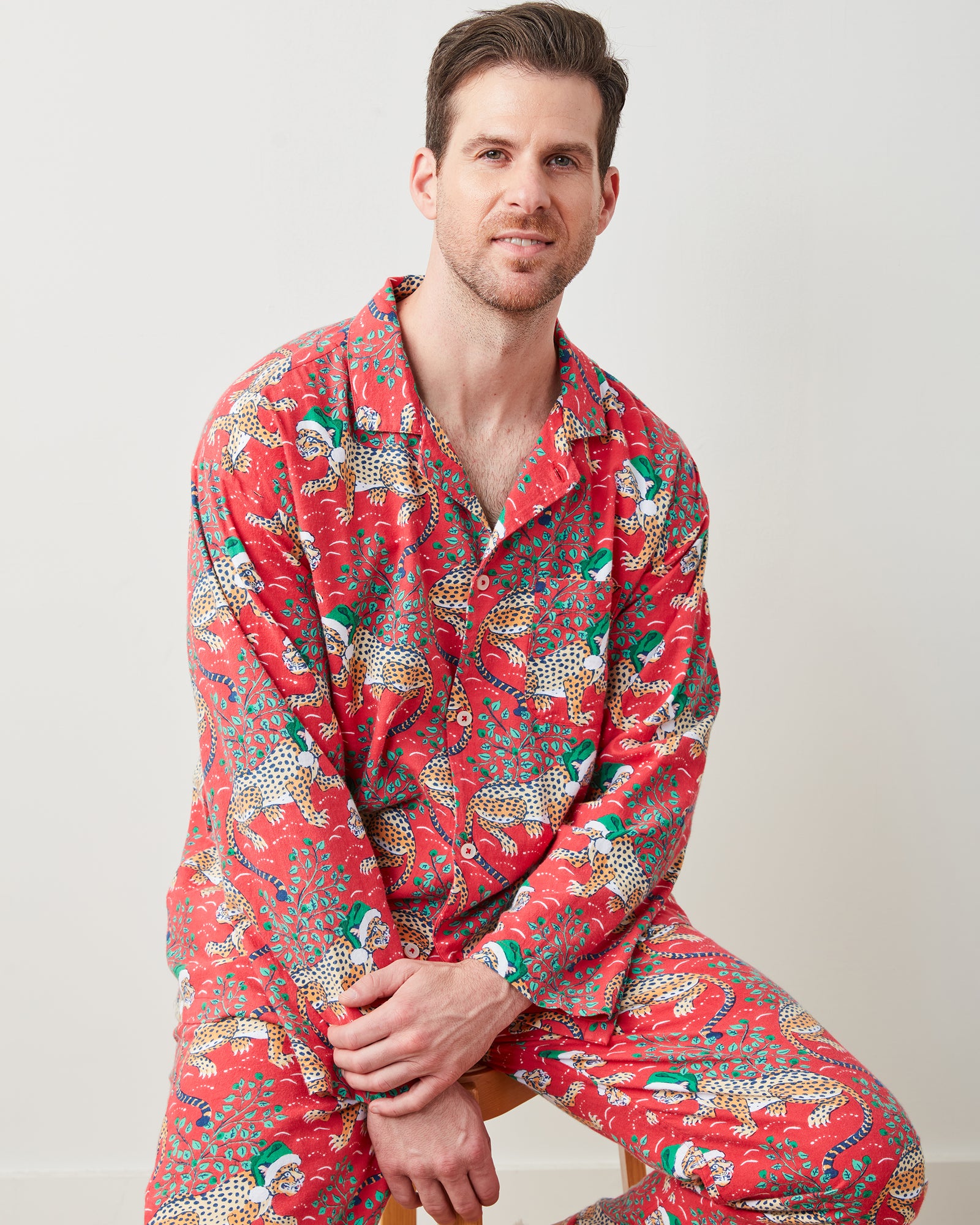 Holly Jolly Bagheera - Men's Flannel Long PJ Set - Ruby - Printfresh