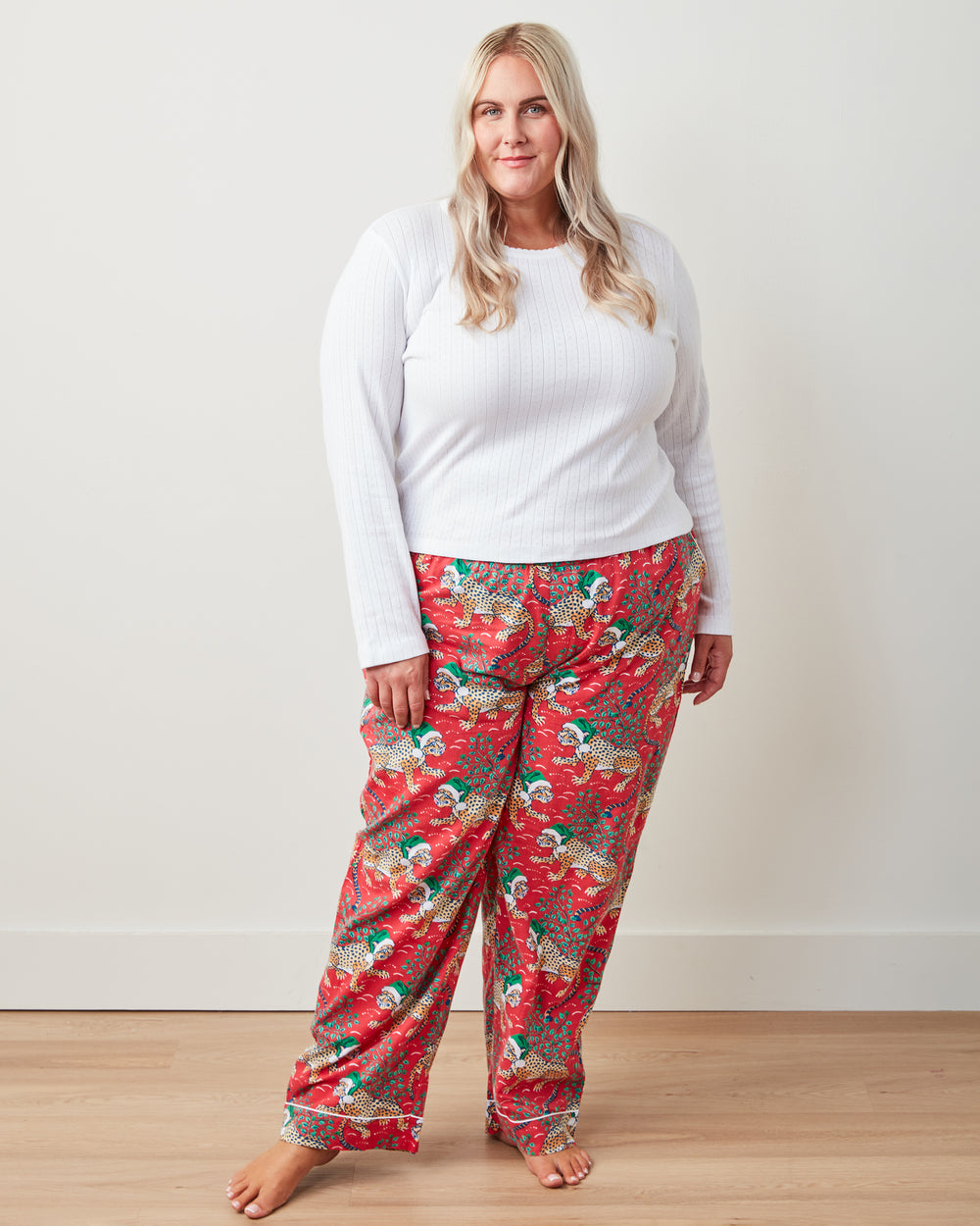 Holly Jolly Bagheera - Pointelle Long Sleeve & Flannel PJ Pants Set - Ruby - Printfresh