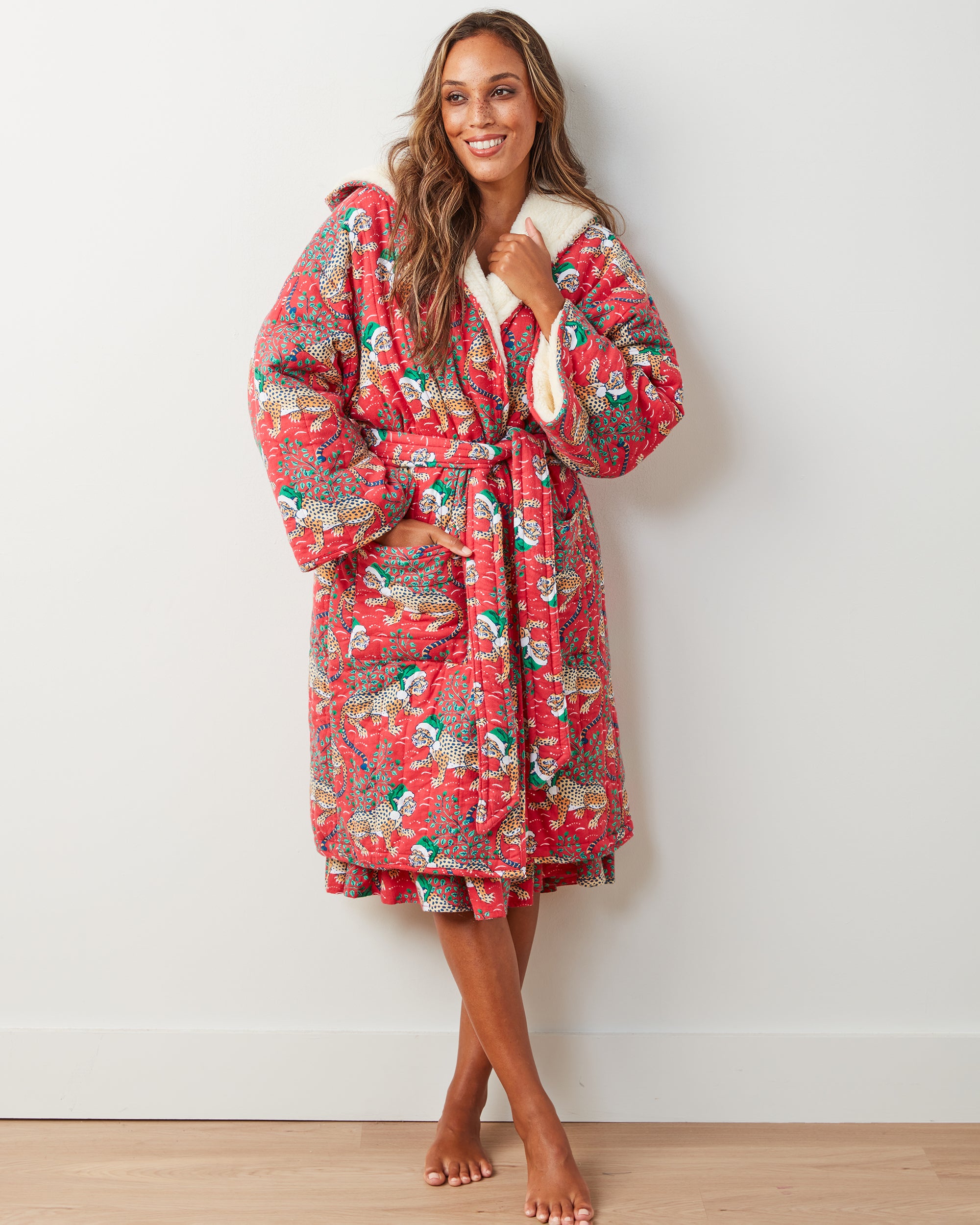 Holly Jolly Bagheera - Flannel Quilted Hooded Sherpa Robe - Ruby - Printfresh