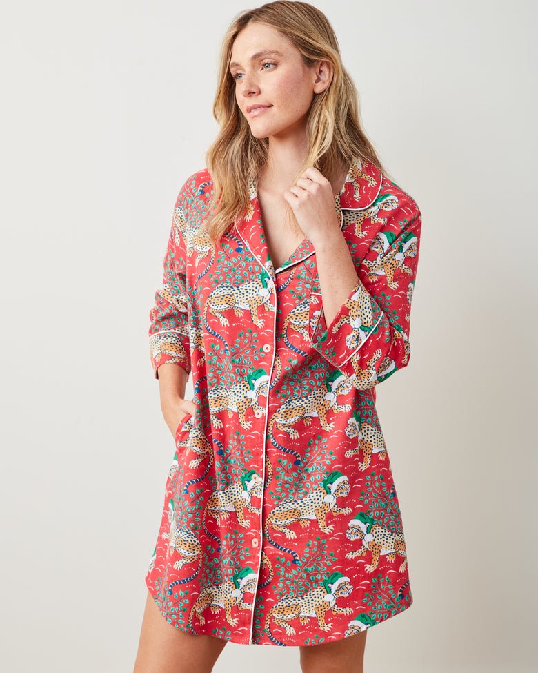 Holly Jolly Bagheera - Lightweight Flannel Sleep Shirt - Ruby - Printfresh