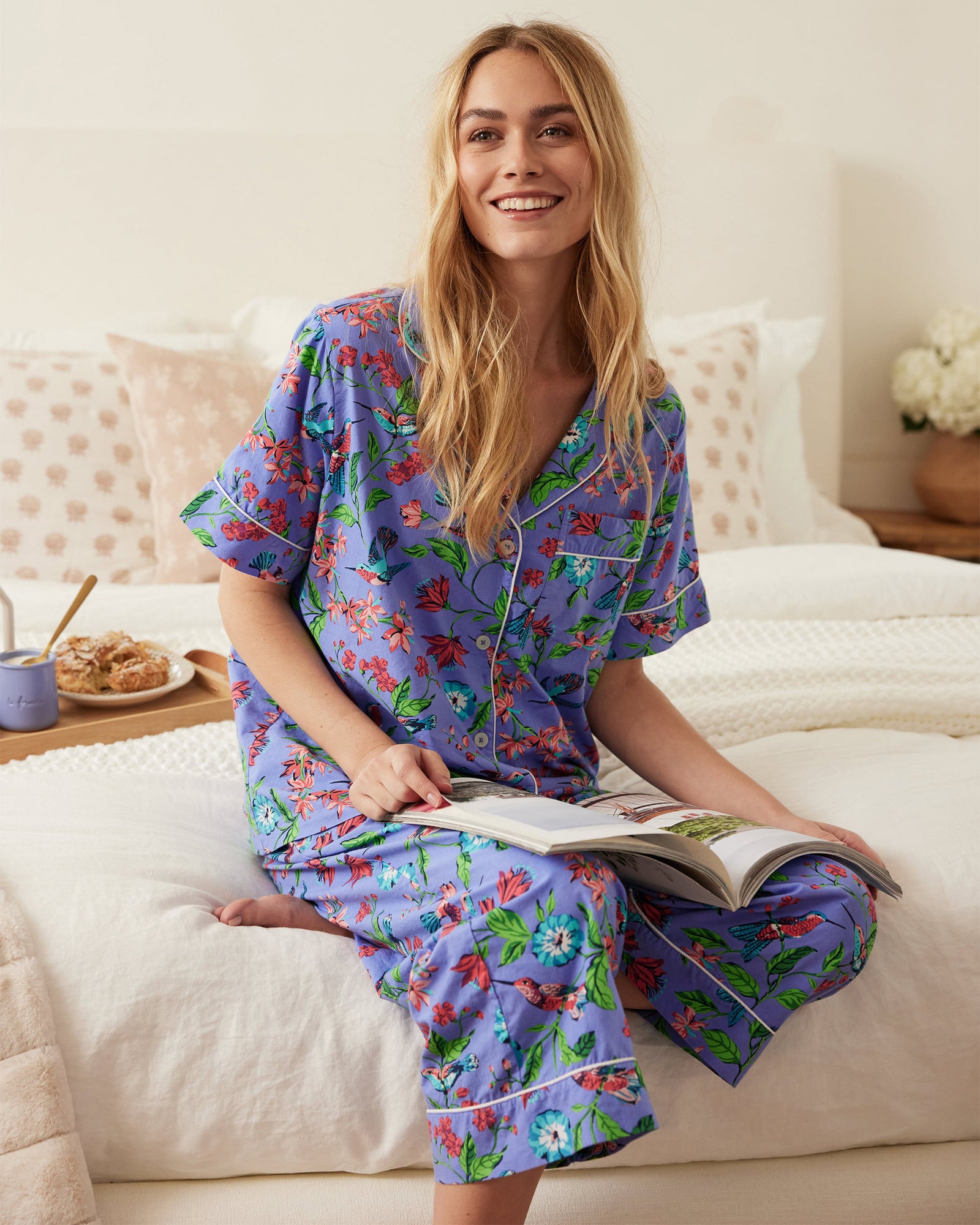 Hummingbird Haven - Short Sleeve Top & Cropped Pants Set + Gift Pouch - Crocus - Printfresh