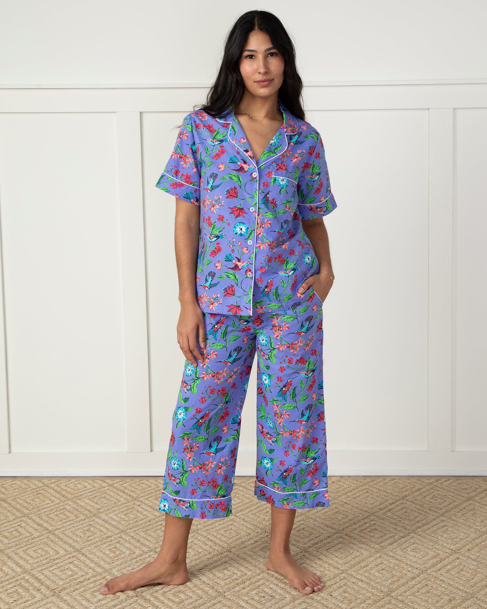 Hummingbird Haven - Short Sleeve Top & Cropped Pants Set + Gift Pouch - Crocus - Printfresh