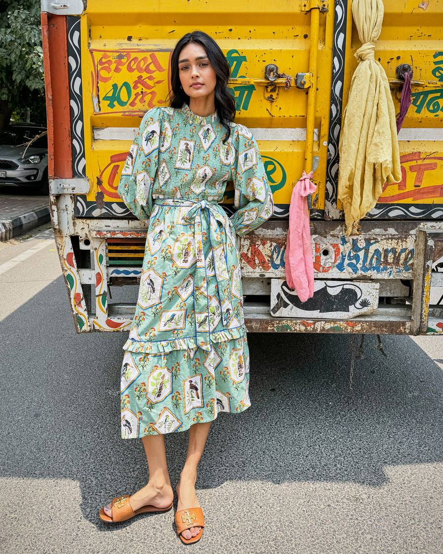 Birds Of India - Cassidy Dress - Sage - Printfresh