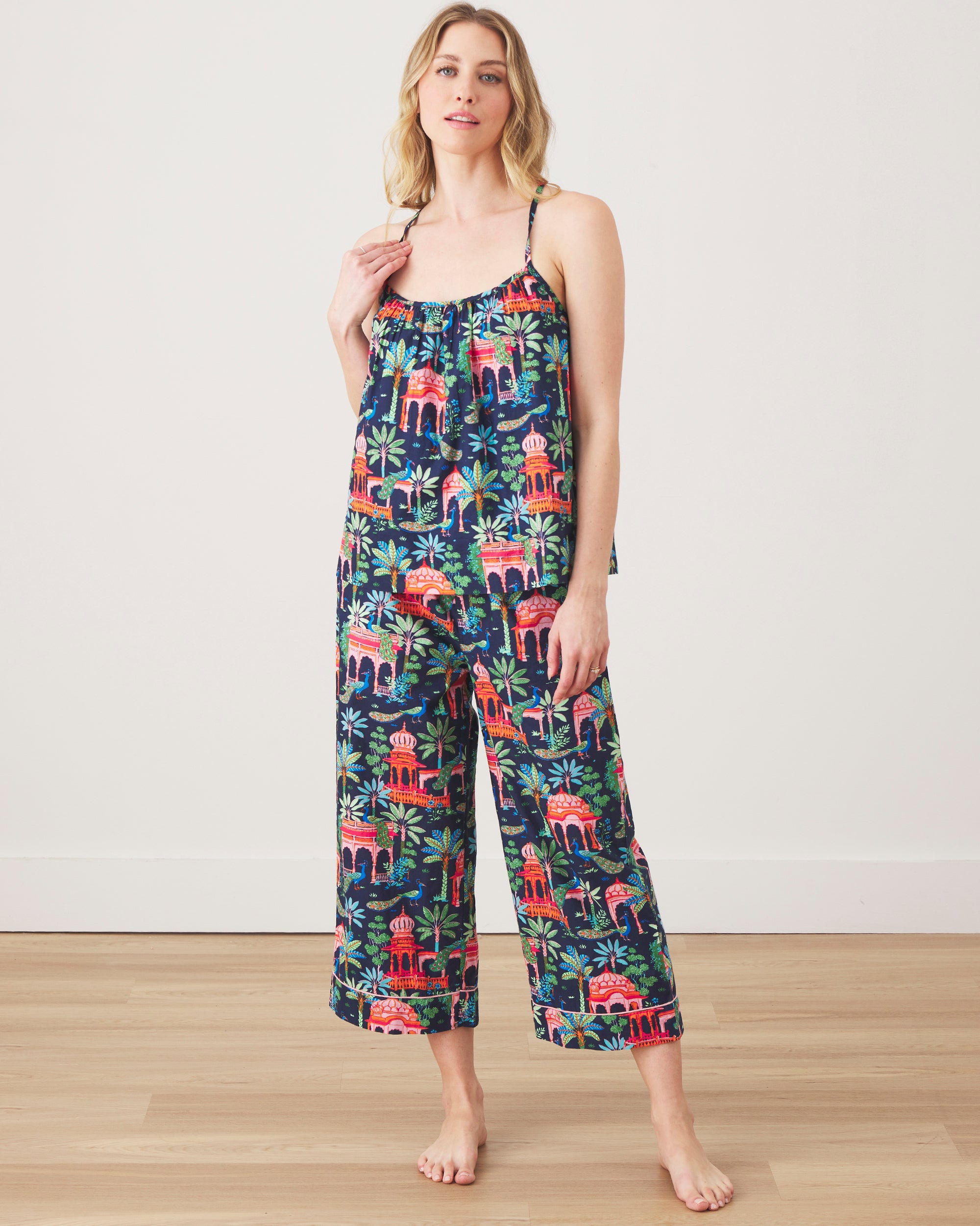 Peacock Palace - Cami Cropped Pants Set - Deep Navy - Printfresh