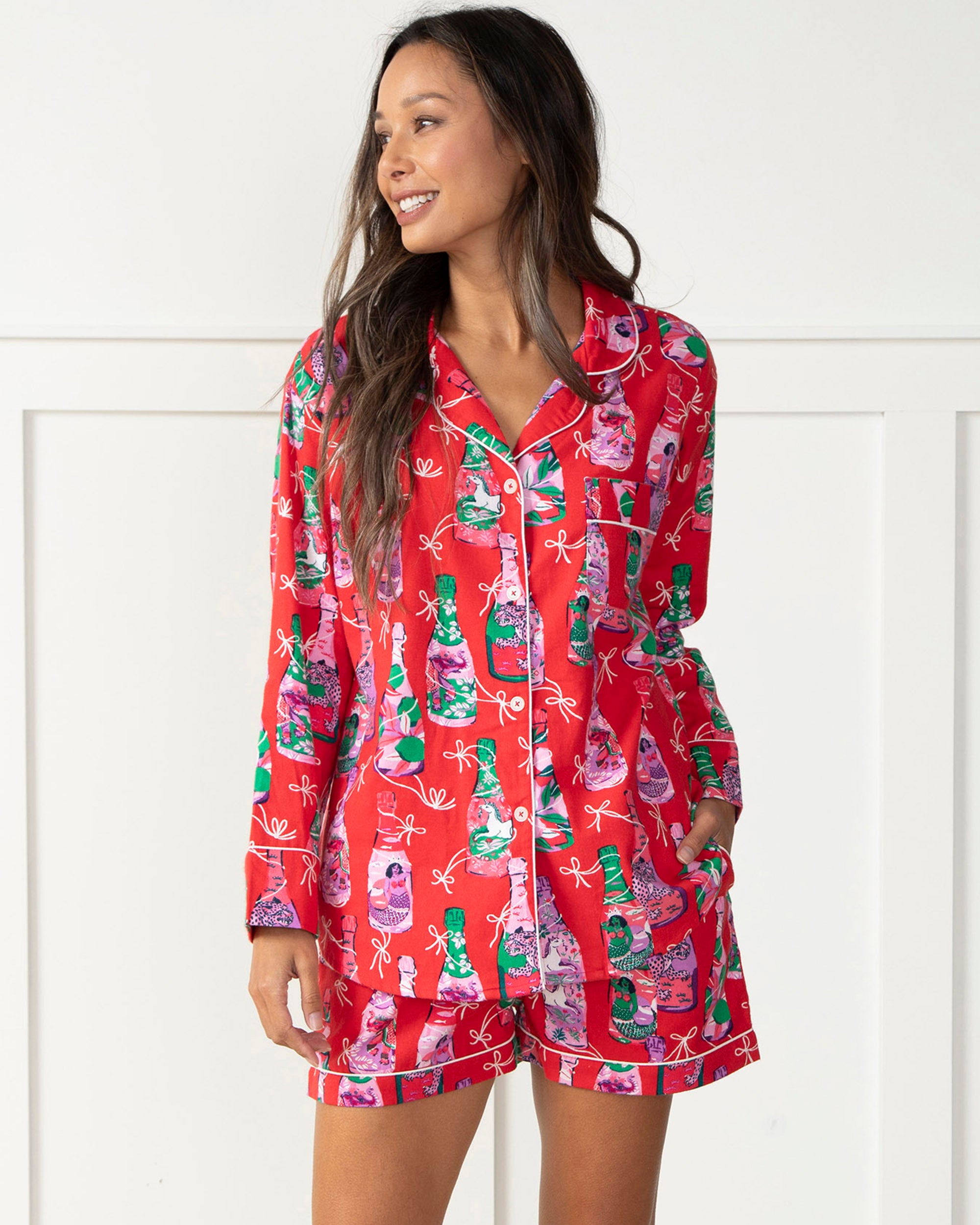 Pop the Bubbly - Brushed Twill Long Sleeve Top & Shorts Set - Red Stocking - Printfresh