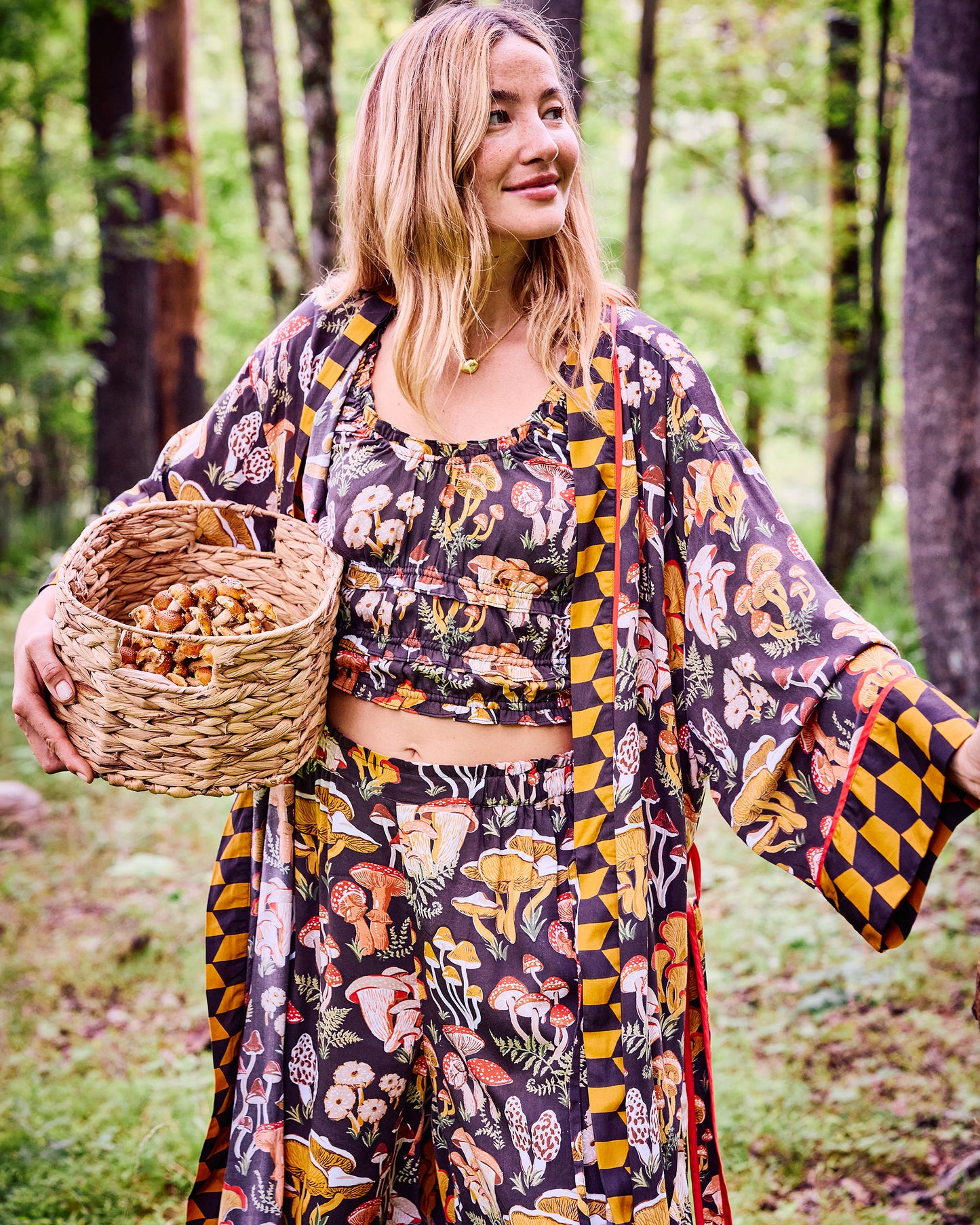 Mushroom Medley - Eco Satin Robe - Truffle - Printfresh