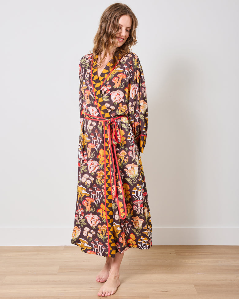 Mushroom Medley - Eco Satin Robe - Truffle - Printfresh