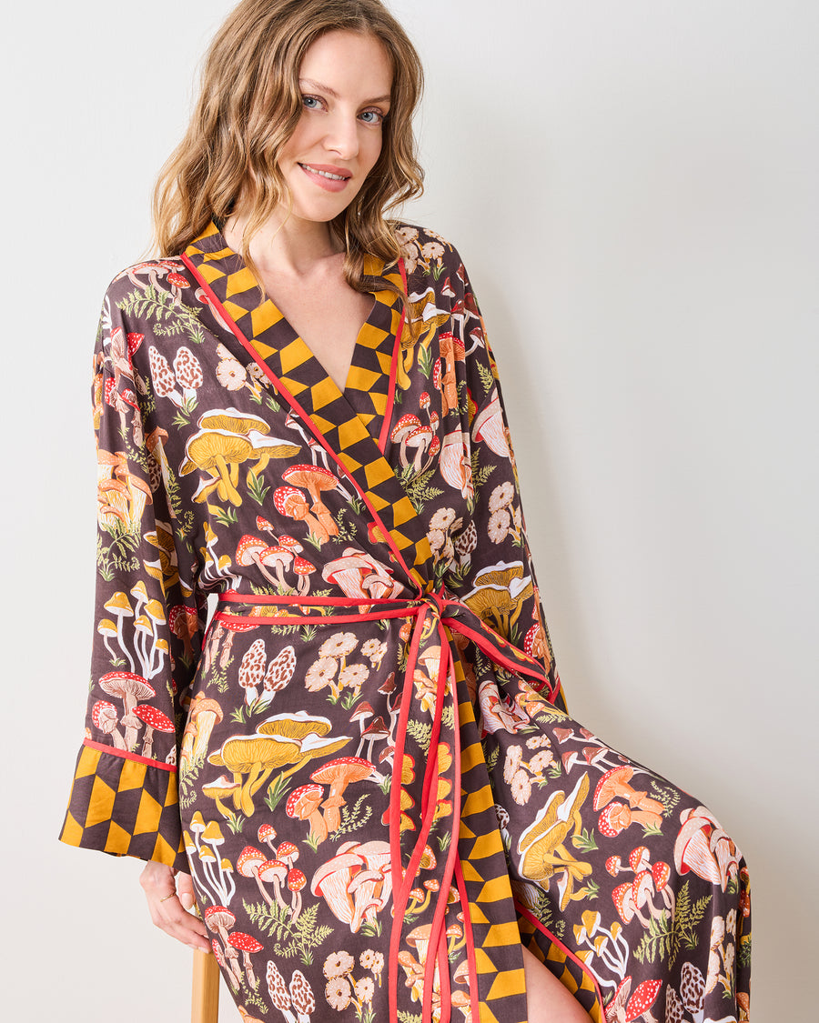 Mushroom Medley - Eco Satin Robe - Truffle - Printfresh