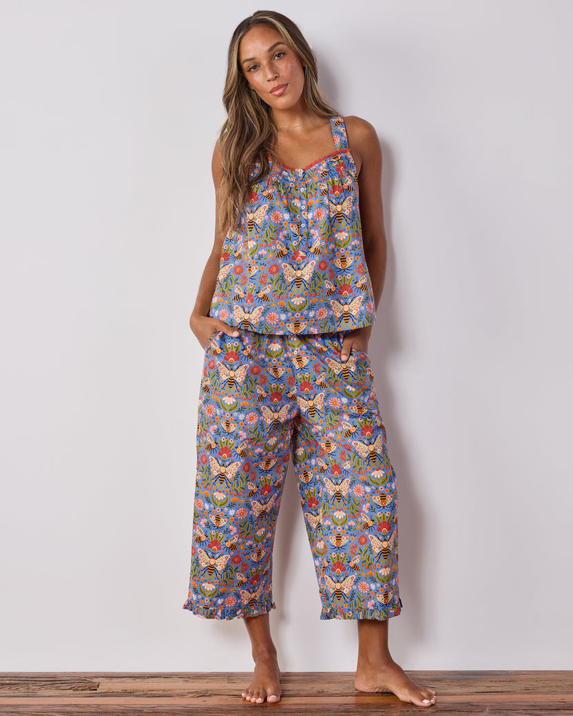 Bee Tapestry - Back To Bed Cropped Pant Set - Delphinium Blue