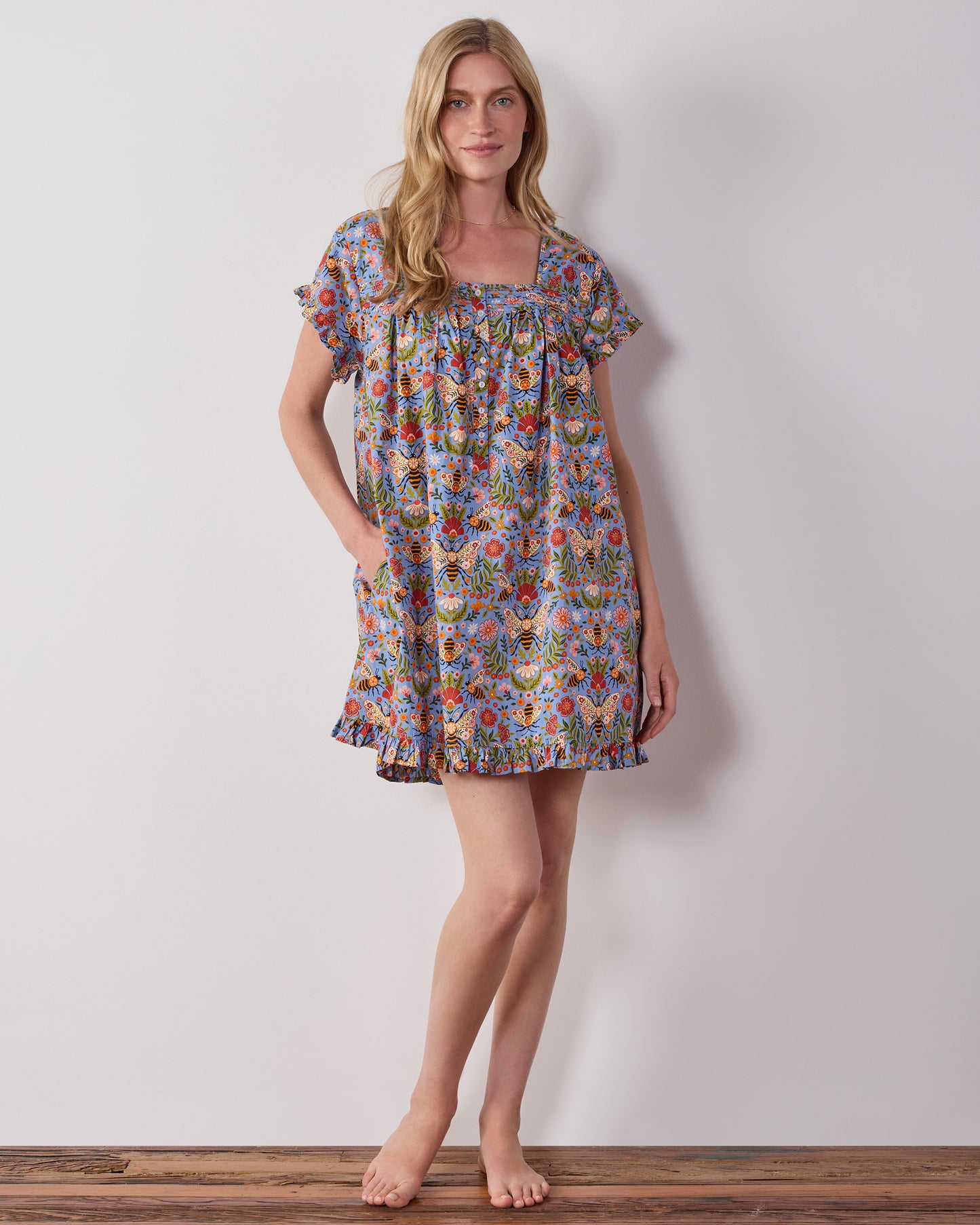 Bee Tapestry - Pintuck Nightgown - Delphinium Blue