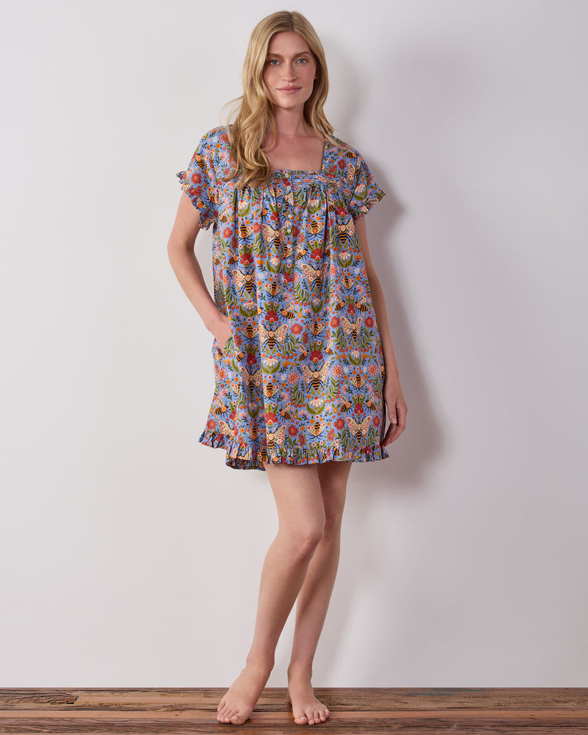 Bee Tapestry - Pintuck Nightgown - Delphinium Blue