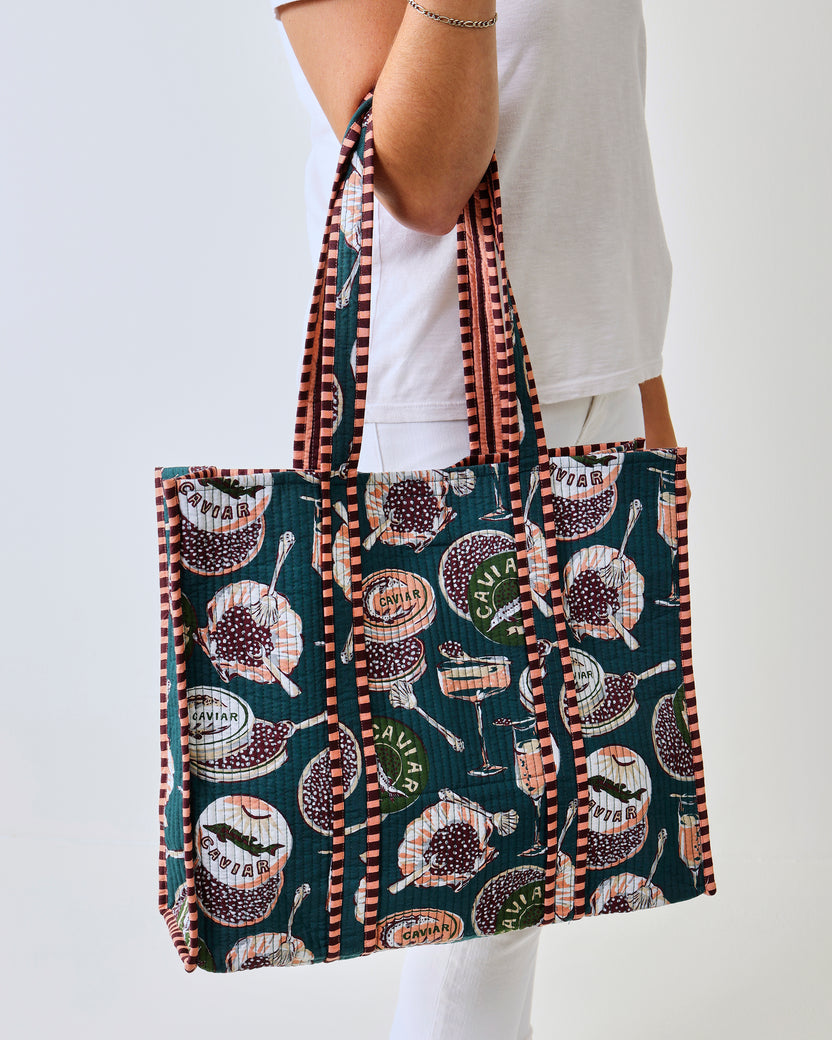 Champagne & Caviar - The Traveler Tote - Peacock Feather