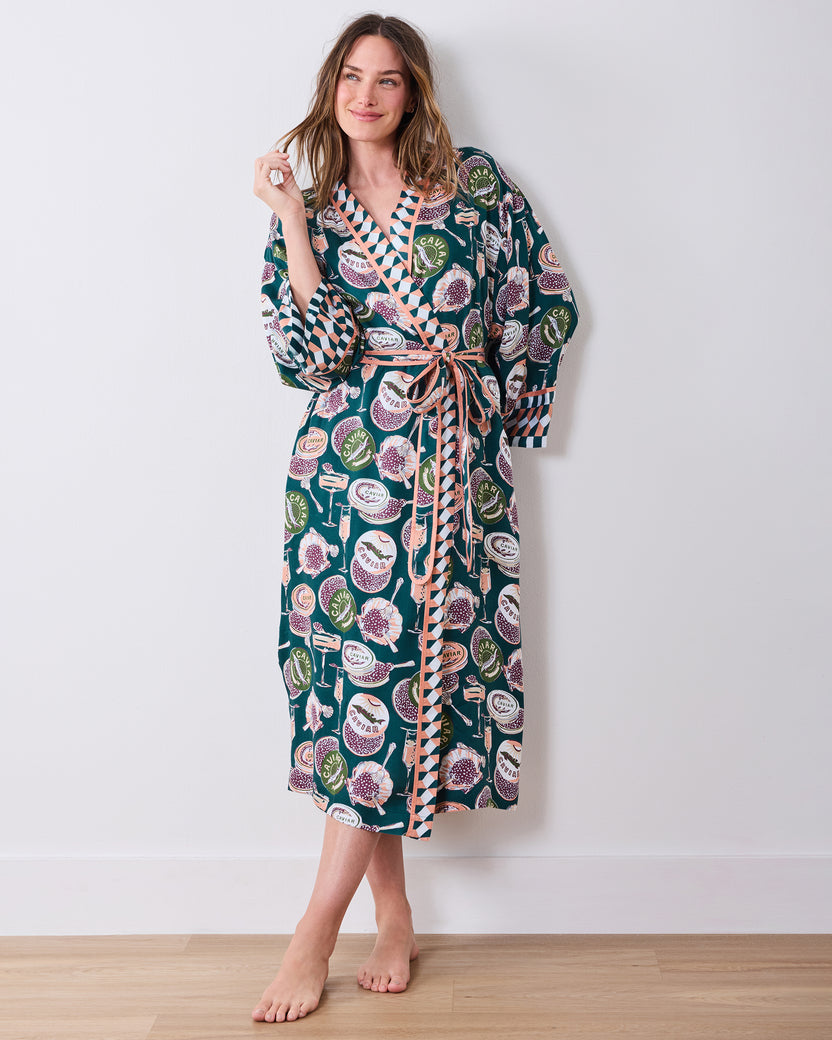 Champagne & Caviar - Eco Satin Robe - Peacock Feather