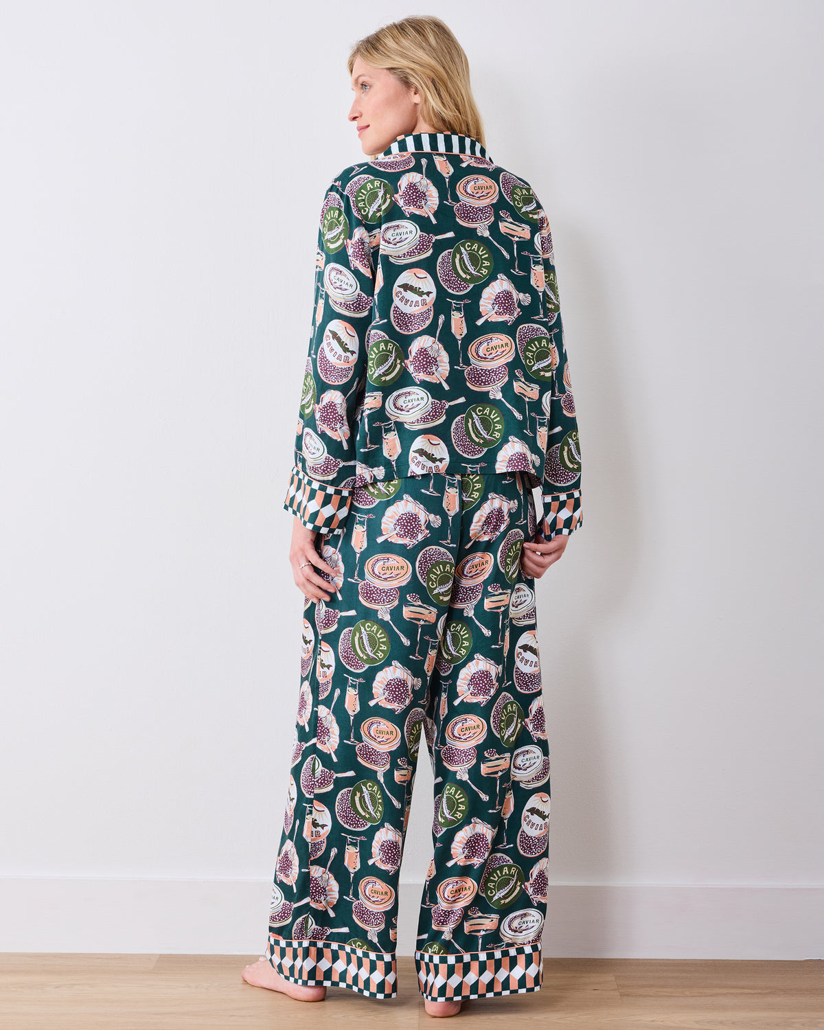 Back view of the petite Champagne & Caviar Soho pajama set, showing the long-sleeve top and wide-leg pants.
