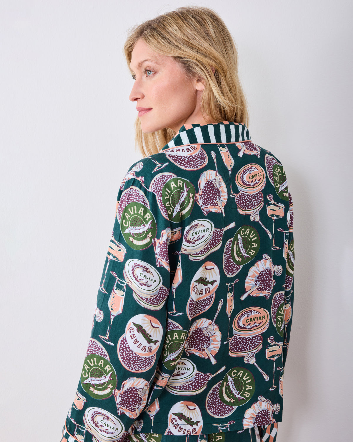 Back view of the tall Champagne & Caviar Soho pajama set, showing the long-sleeve top and printed wide-leg pants.