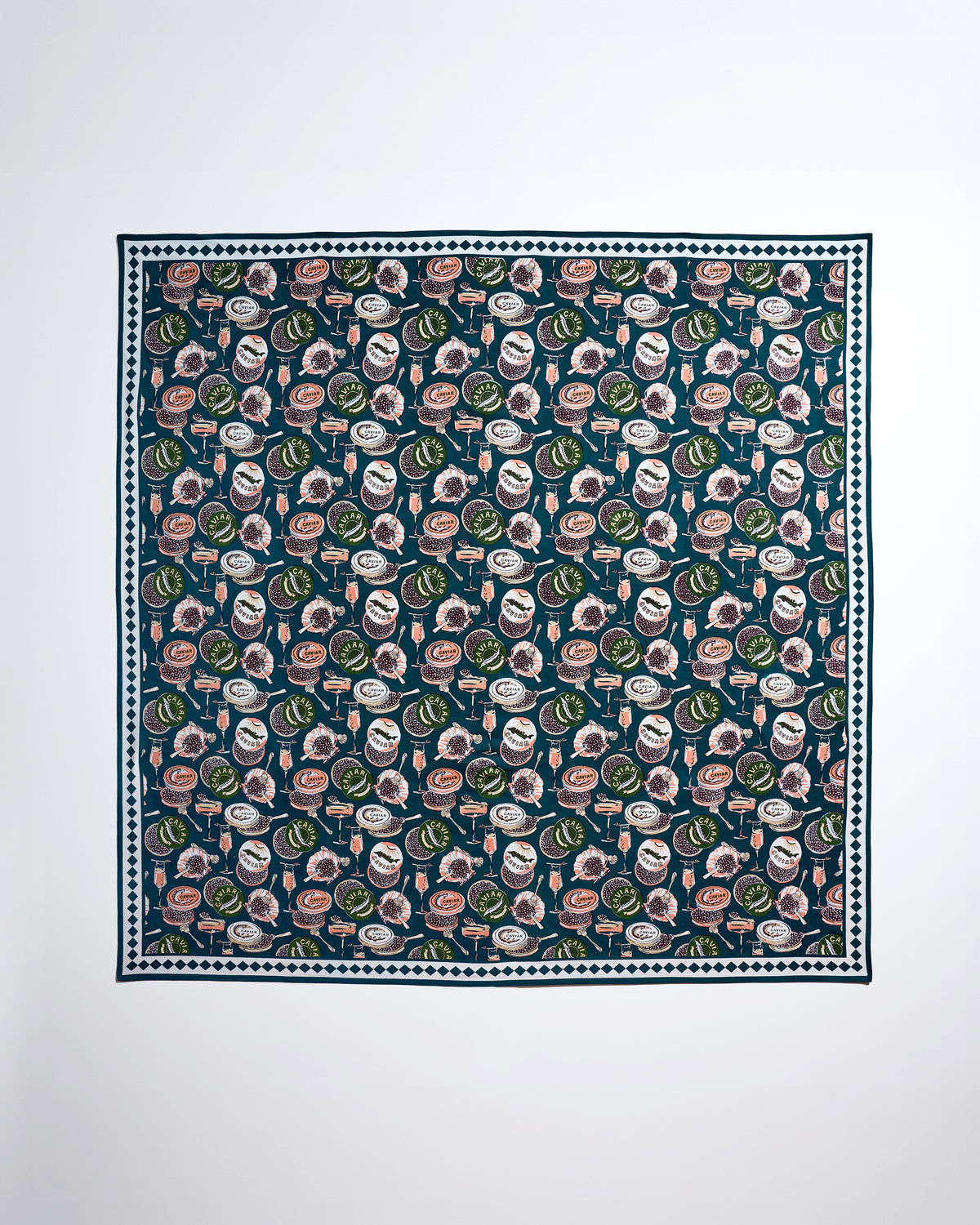 Full view of the Champagne & Caviar square tablecloth laid flat, with a dark teal border and repeating caviar-themed print.